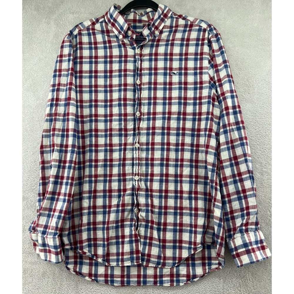 Vineyard Vines Shirt Mens Sz M Whale Plaid Button Up Cotton Long Sleeve Preppy